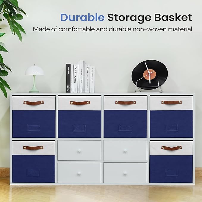 FinishingBo 6-Pack Storage Cubes with Handles & Label Holders Basket, Closet Cube Home Organizer Bins(White/Blue, 13 x 13 x 1