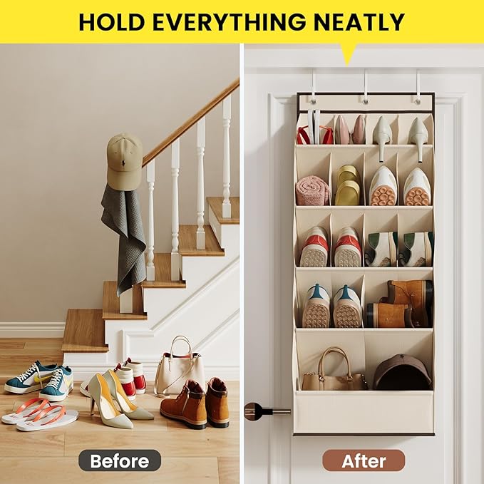 15 Pockets Over the Door Shoe Organizer, Shoe Rack for Closet Door with Large Breathable Pockets, Hanging Shoes Rack for Boot