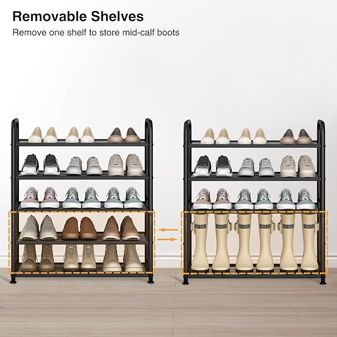 STO STO 5-Tier Shoe Rack with Sturdy Mesh Shelves, Heavy Duty Metal Shoe Organizer for Entryway, Closet, Garage, Front Door, 