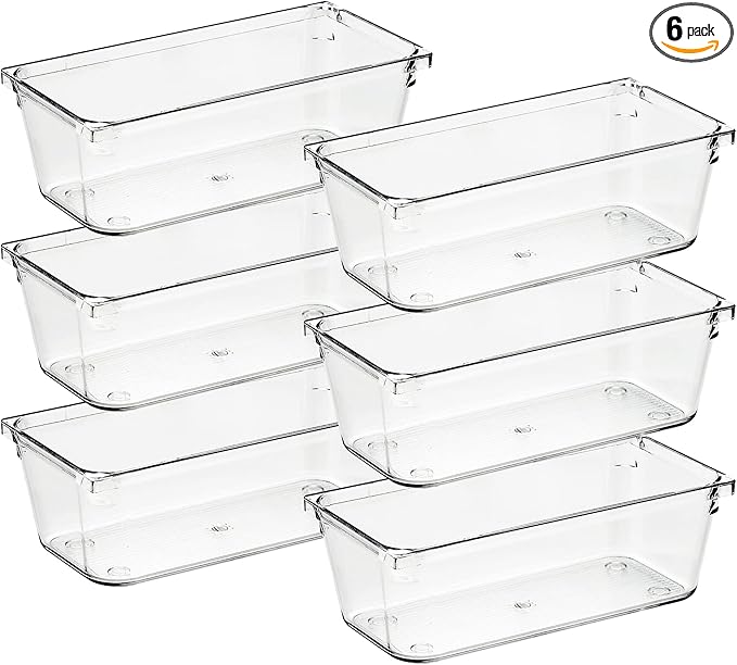 Ravinte 6 Pack Drawer Organizer - 3" X 6" Plastic Storage Bins, Acrylic Organizers with Non-Slip Pads Clear Desk Storage Tray