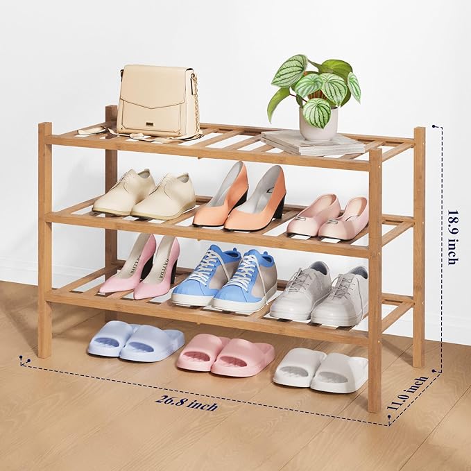 Kitsure Bamboo Wooden Shoe Rack for Closet - Stackable Shoe Organizer with Modular Structure, Space-Saving Shoe Shelf for Ent