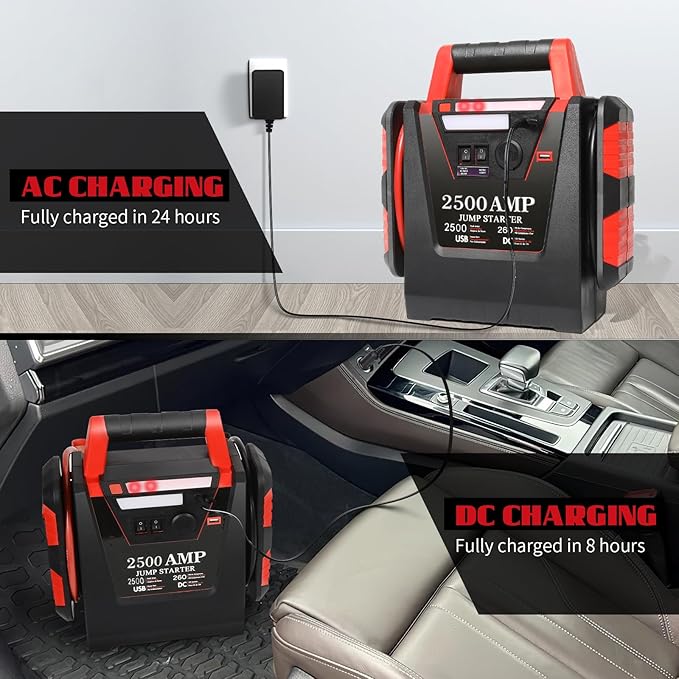 Jump Starter with Air Compressor,2500A Car Battery Jumper Starter 260 PSI Tire Inflator,6 in 1 Auto Lead-Acid Battery