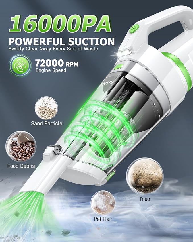 AHNR Handheld Vacuum Cordless, 16000PA Powerful Suction Hand Held Vacuum Dust Busters Cordless Rechargeable with LED Light & 