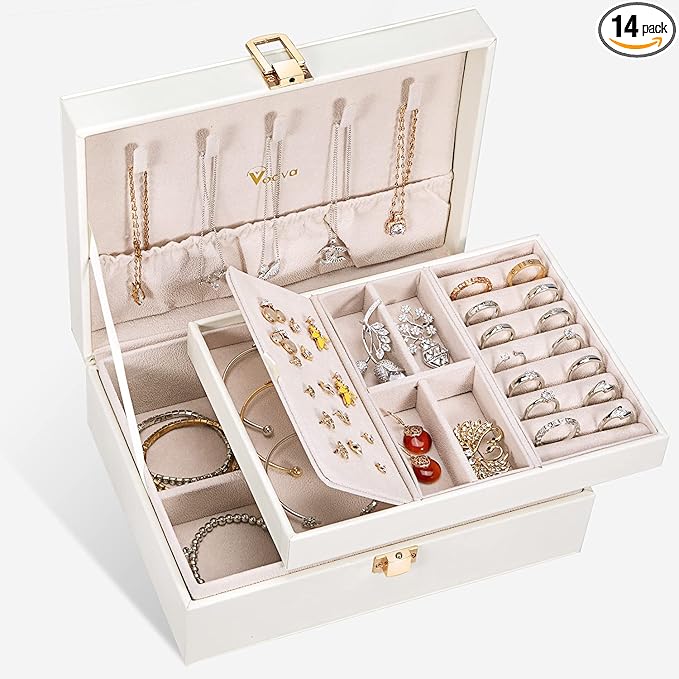 Voova Jewelry Box Organizer for Women Girls, 2 Layer Large Men Jewelry Storage Case, PU Leather Display Jewellery Holder with
