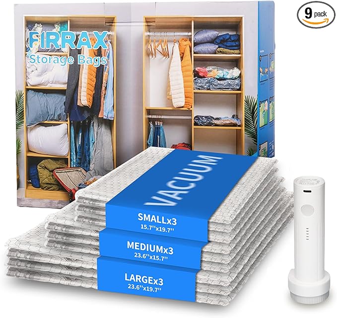 Vacuum Seal Bags for Clothing Travel with Electric Air Pump, FIRRAX 9 Combo Space Saver Vacuum Storage Bags (3 Large+3 Medium