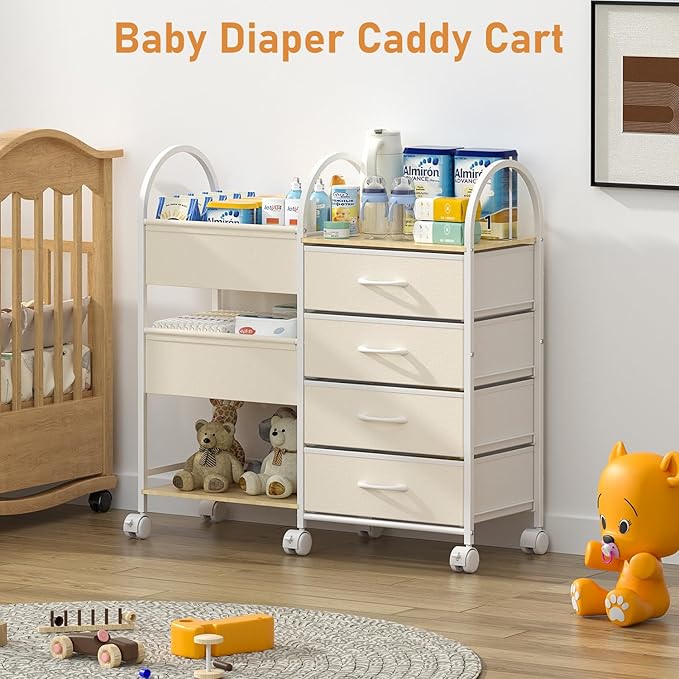 Baby Organizer and Storage Cart, 4-Tier Rolling Utility Cart with Wheels, Dividers and Drawers, Easy to Assemble for Nursery,