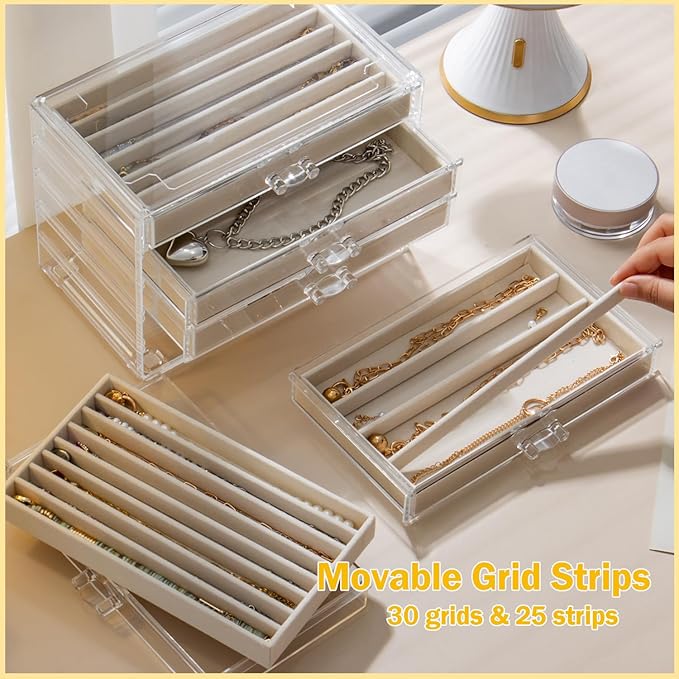 Necklace Organizer Box with 5 Drawers 30 Compartments, Dustproof Velvet Necklace Display Tray, Acrylic Necklaces Display Case