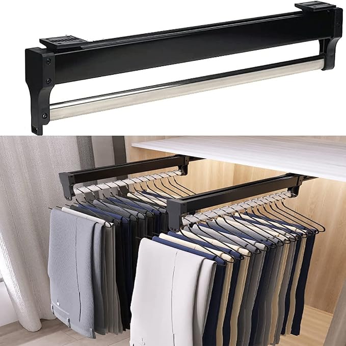 Pull Out Clothes Rail Extendable Pull Out Closet Rod - Adjustable Clothing Organizer Holder, Telescopic Trouser Hanger with S