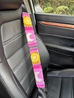 Handmade Crochet Sun and Moon Car Steering Wheel Covers Universal 14-15 inch for Women and Men (A,Steering Wheel Cover+2 Belt Cover)