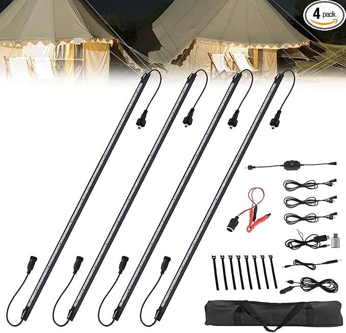 12V LED Interior Light Bar Kit Dimmable IP67 Waterproof Camping String Lights, 4 Bars White Aluminum Magnetic Mount Exterior Lights for RV, Camping Tent,Car