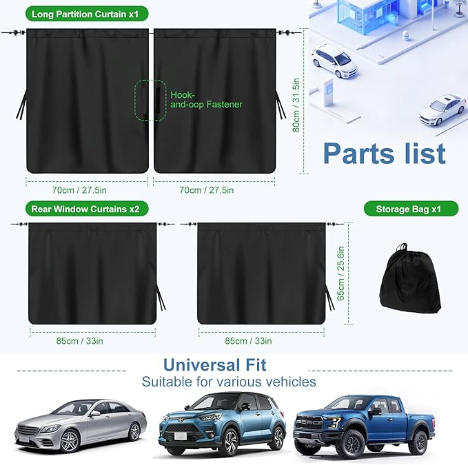Set of 3 Car Window Shades, 1 Rear Seat Divider Curtain & 2 Rear Side Window Sun Shades, 95% Light Blocking Car Window Covers Privacy Protection Curtains for Breastfeeding,Taking a nap,Camping,