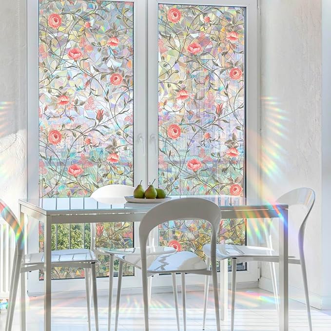 Retro Rose Window Privacy Film,Stained Glass Decals Red Rose Privacy Rainbow Decals Living Room Sun Blocking Decor Removable Static Cling Stickers,16.93x39.37inch