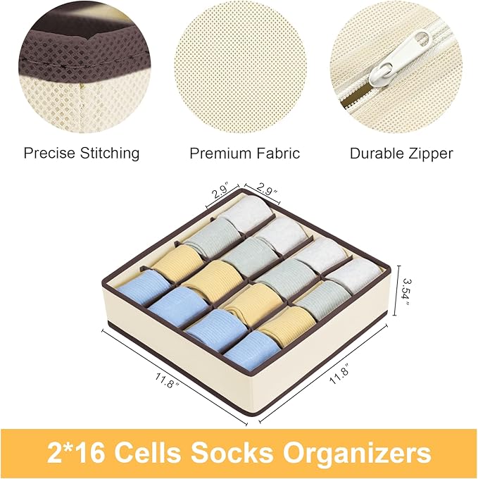Joyoldelf Sock Drawer Organizer Divider Underwear Organizer 16-cell Fabric Dresser Drawer Organizers Storage Boxes for Socks 