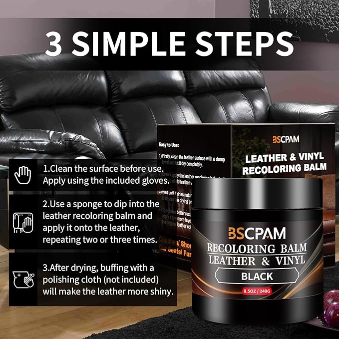 Black Leather Recoloring Balm,Leather Couch Scratch/Stain Remover,Leather Repair kit for Vinyl Furniture and Car Interior,Lea