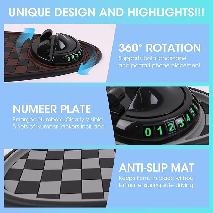Multifunction Car Anti-Slip Mat Exclusive Phone Holder, Rotatable Car Phone Holder Dashboard Pad with Temporary Parking Numbe