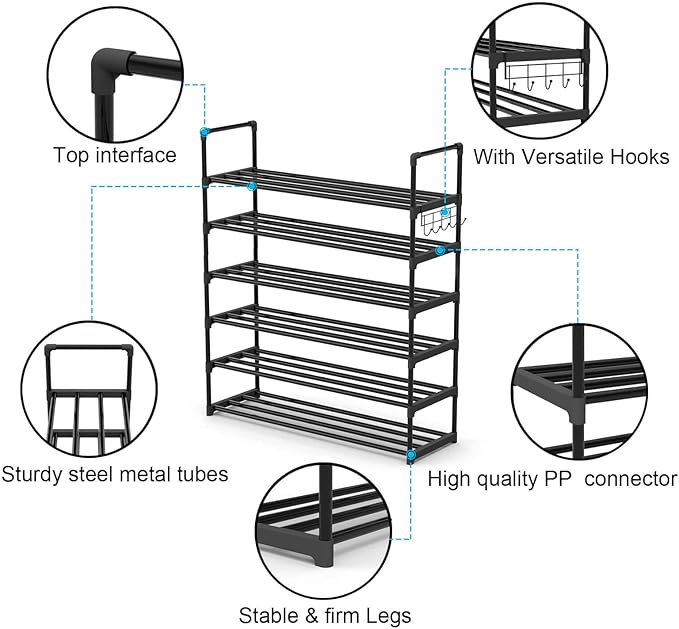 Hsscblet 6 Tiers Metal Shoe Rack,Adjustable Shoe Shelf Storage Organizer with Hooks,Stackable Boot & Shoe Storage,for Entrywa