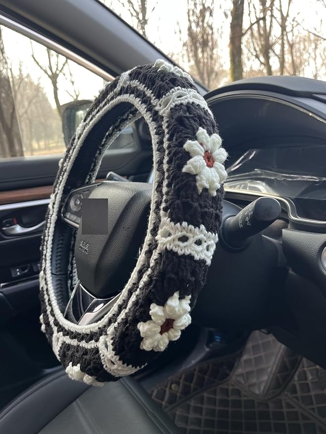 Daisy Crochet Steering Wheel Cover,Cute Seat Belt Cover,Women car Accessories (Black Steering Wheel Cover)