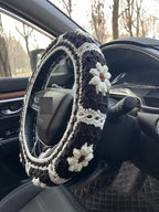 Daisy Crochet Steering Wheel Cover,Cute Seat Belt Cover,Women car Accessories (Black Steering Wheel Cover)