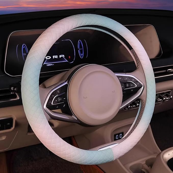 Steering Wheel Cover, with Non-Slip Lining, Cool in Summer Warm in Winter for Men Women, 14.5-15 Inch Non-Slip Breathable Lea