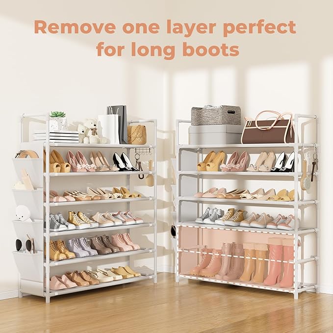 LANTEFUL 6 Tier Shoe Rack Storage for 24-30 Pairs Shoe and Boot, Shoe Organizer with Hook and Side Pocket Free Standing Long 