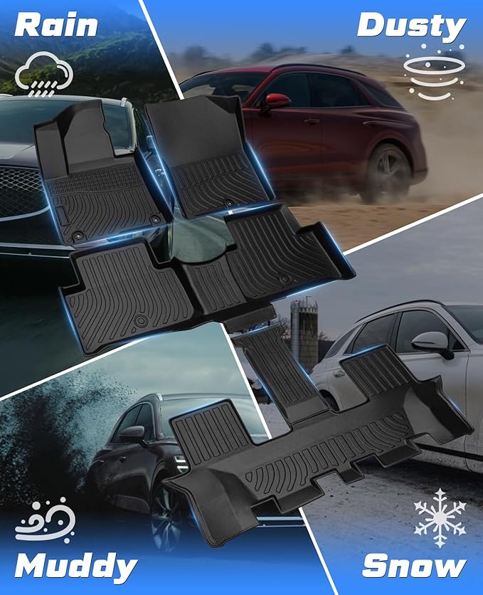 Sunsdrew Floor Mats for 2021-2025 2026 Kia Sorento Accessories (6/7 Seat, Not for Hybrid), All Weather Car Mats Front Rear 3 Rows Floor Liners TPE Rubber Raised Edge