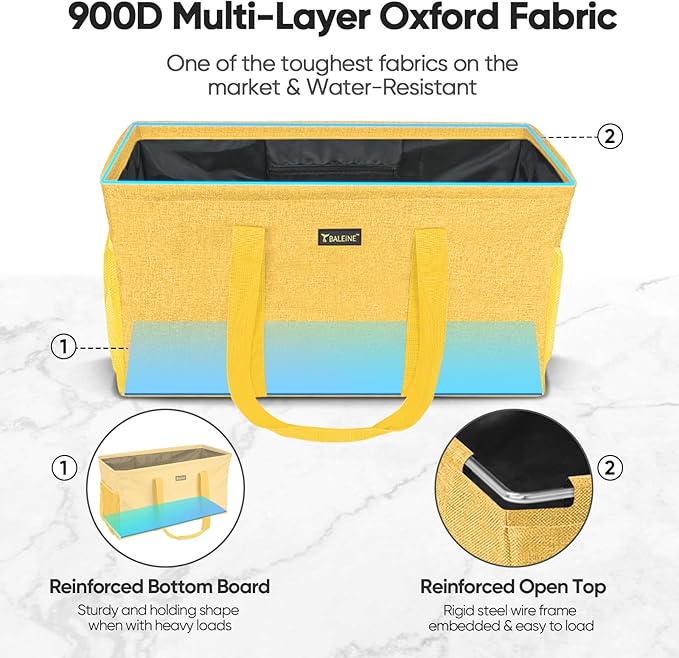 BALEINE Extra Large Utility Tote Bag with Reinforced Wire Frame, Reusable Grocery Bag for Shopping, Picnic (Yellow, 22''x12''x10'')