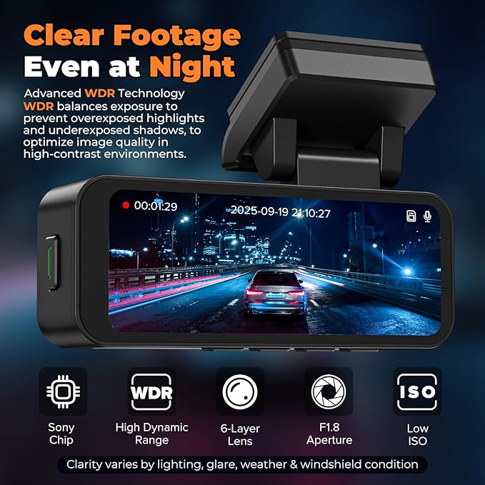 Dashcam Front and Rear Camera, 4K+1080P Dash Camera for Cars, 64GB Card Included, 3.2" IPS Screen, HDR Night Vision, G-Sensor