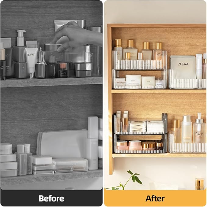 PAVSTINE 2-Tier Stackable Medicine Cabinet Organizer, Narrow Bathroom Makeup Organizer with Lipstick Holders & Cotton Swab Ca
