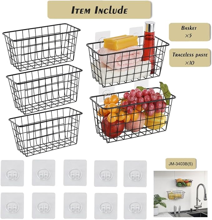 JUNCHU CHERRY 5 Pack Hanging Storage Basket, Bathroom Basket, Household Goods, with Traceless Tape, no Drilling, for Cabinet 