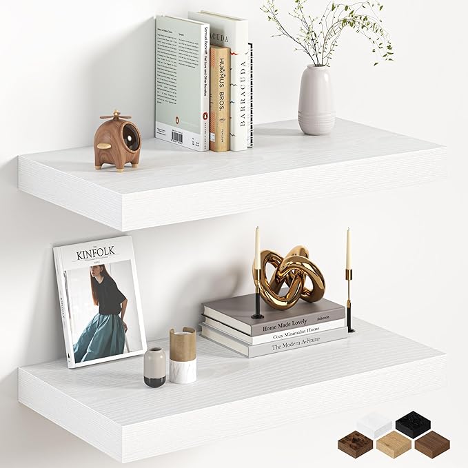 Fun Memories 12 Inch Deep White Floating Shelf, 24 x 12 Rustic Wood Wall Shelf for Books, 2" Thick Deep Floating Shelf for St