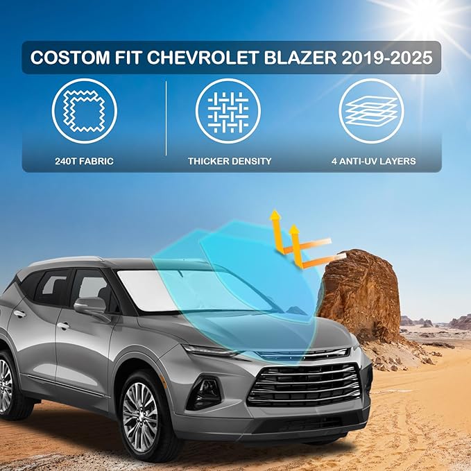 for Chevrolet Blazer 2019-2025 2026 Windshield Sun Shade - 4 Layers for Front Windows Shade Cover Custom Fit Blazer (NOT for EV) 250T Sun Visor Retractable Block UV Rays Car Accessories