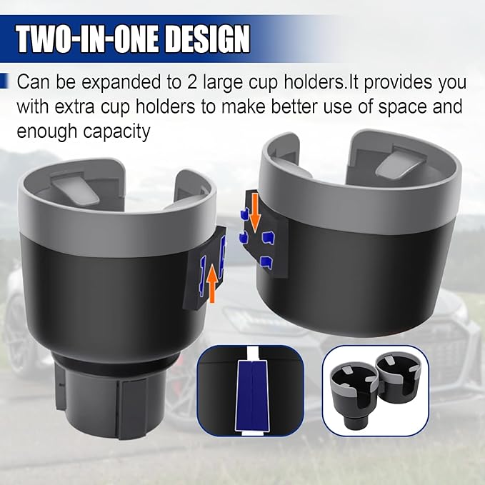 Car Double Cup Holder Extender, Multifunctional 2-in-1 Auto Drink Holder Insert with Adjustable Base, Portable Cup Holders Adapter, Universal Car Beverage Organizer for Bottle, Snack (Grey)