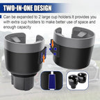 Car Double Cup Holder Extender, Multifunctional 2-in-1 Auto Drink Holder Insert with Adjustable Base, Portable Cup Holders Adapter, Universal Car Beverage Organizer for Bottle, Snack (Grey)