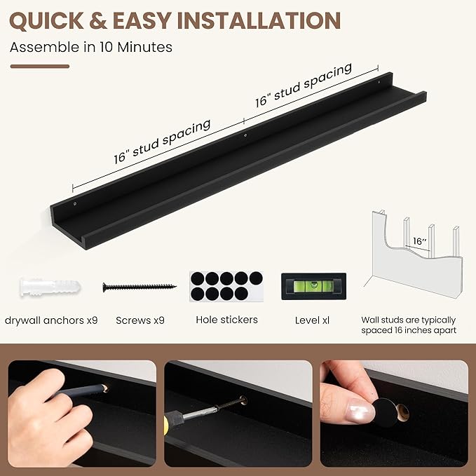Fun Memories Picture Ledge Shelf, Black Floating Shelves Set of 4, 36 Inch Picture Shelves for Wall with Ledge, Large Nursery