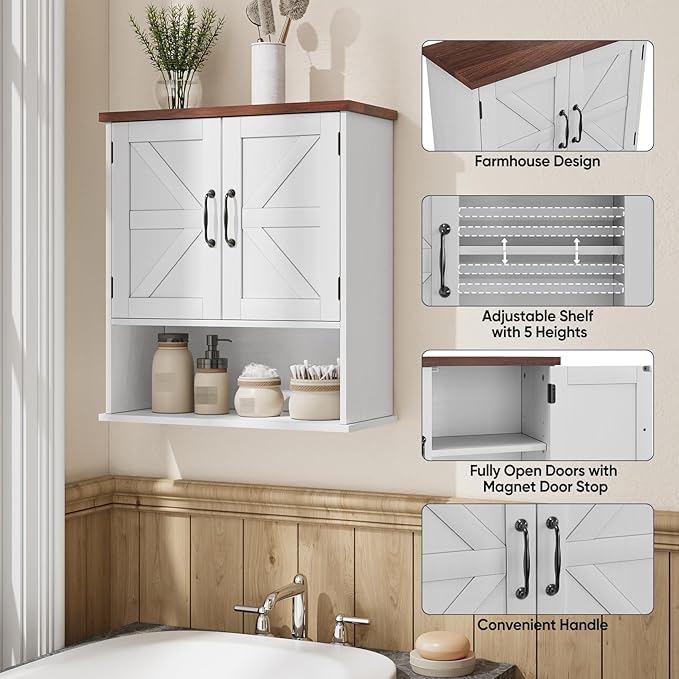 Bathroom Wall Cabinet with Barn Doors, Wall Mounted Bathroom Cabinet, Farmhouse Style, Adjustable Shelf, Wall Mounted Medicin