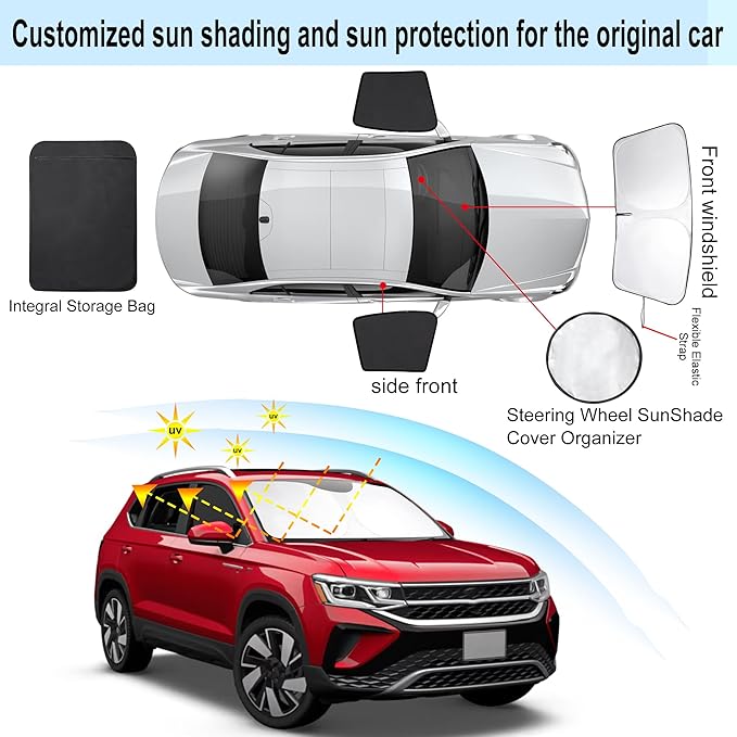 3PCS Car Window Shades Front Windshield Sun Shade Foldable Window Shade Custom Fit for 2018-2024 Volkswagen VW Taos Accessories Car Shades for Front Windows Anti-UV Rays Block Heat