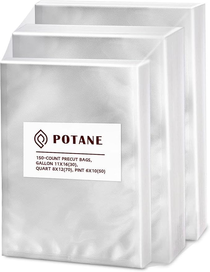 Potane Vacuum Sealer Bags, Precut 150 Gallon 11x16, Quart 8x12, Pint 6x10, Smell-Proof, Puncture Prevention and Heavy duty. C