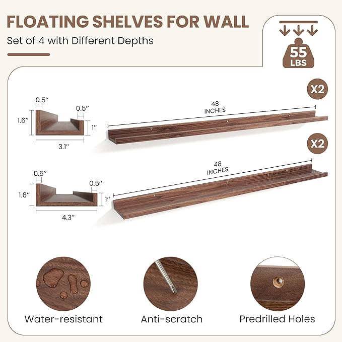 Fun Memories Picture Ledge Shelf, Floating Shelves Set of 4, 48 Inch Picture Shelves for Wall with Ledge, Large Nursery Book 