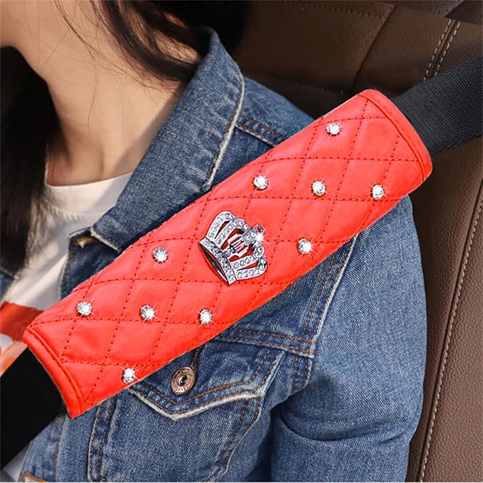 Dotesy 16 Pcs Bling Car Steering Wheel Cover Set with Crystal Seatbelt Shoulder Pads Diamond Butterfly Car Accessories for Women (Red)