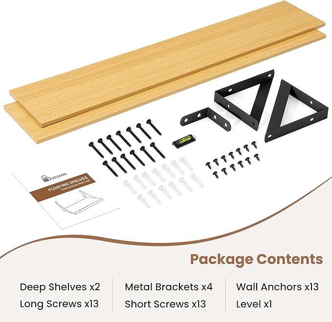 Axeman 40 Inch Floating Shelves | 8 Inch Deep Oak Wall Shelves Set of 2 | 39.4W x 8D Rustic Wood Shelves for Bookshelf Living