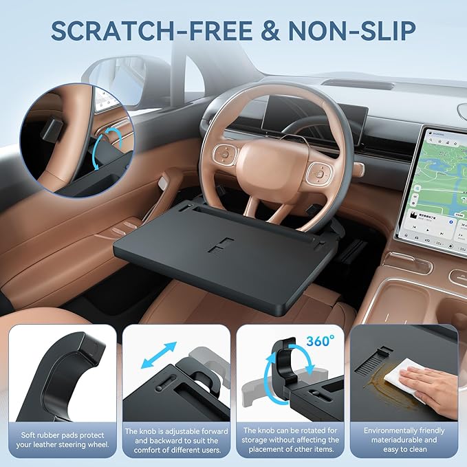 Extendable Steering Wheel Tray Desk for Laptop & Tablet, Adjustable Car Dining Table with Locking Clip Support, Portable Wheel Desk for Eating, Working, Travel