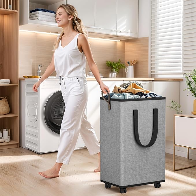 SpaceTrove Laundry Basket with Wheels, Collapsible Laundry Baskets, Laundry Hamper with Handles Detachable Wheels, Rolling La