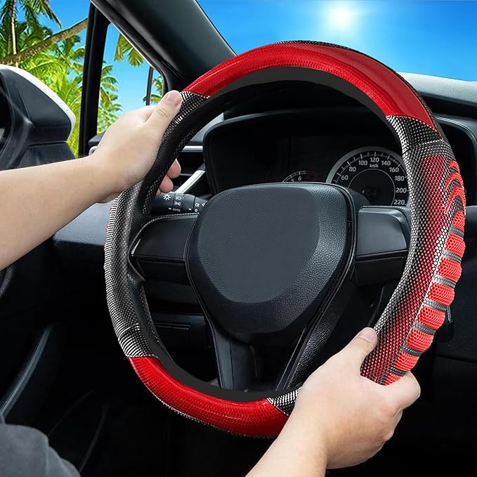 5D Honeycomb Black Red Car Steering Wheel Cover,14.5-15 Inch Universal Carbon Fibre Leather Covers Breathable Anti-Slip Odorl