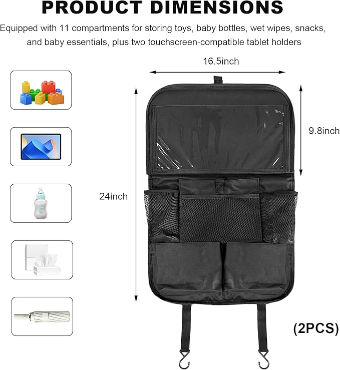 2 PCS Car Backseat Organizer with Tray, Waterproof Back Seat Protector with Touch Screen Tablet Holder, 11 Storage Pockets Anti-Scratch Kick Mat Universal for Family Road Trips