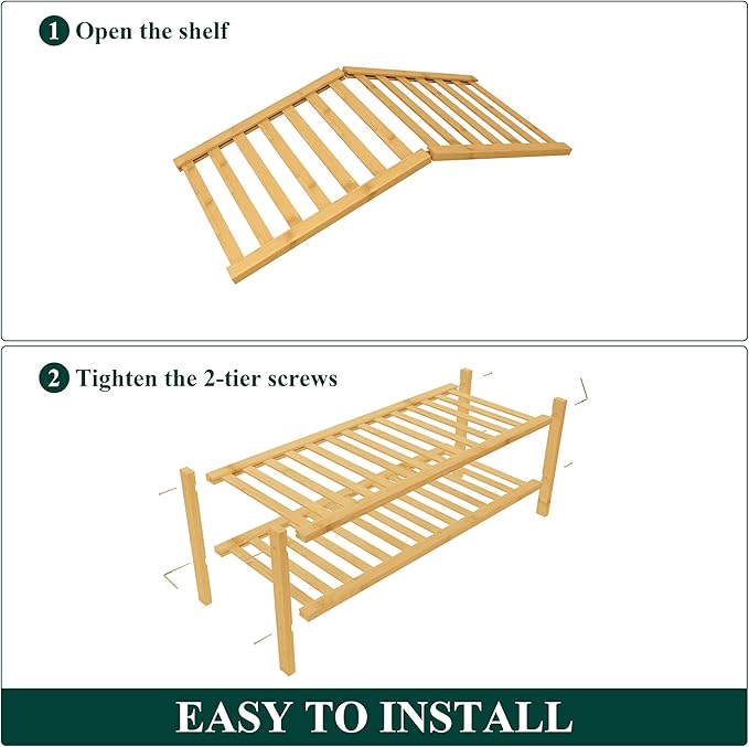 Smiry Bamboo Shoe Rack for Closet, 2 Tier Wooden Stackable Shoe Organizer, Free Standing Shoes Storage Shelf for Entryway, Fr