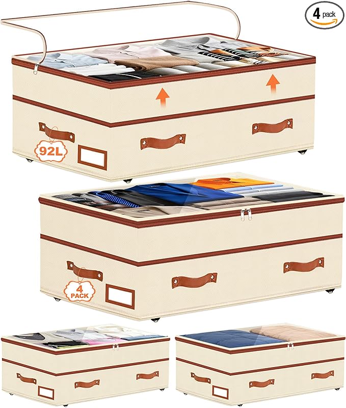 Dolicer 4 Pack Under Bed Storage with Wheels, 6in-10in Height Adjustable Underbed Storage Containers, 92L XXXL Under Bed Draw