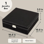 Juvale Jewelry Box for Men - 10.5 x 10.5 x 3.5 in, Black Velvet - Locking 2-Layer Travel Jewelry Organizer & Earring Holder, 