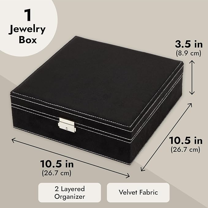 Juvale Jewelry Box for Men - 10.5 x 10.5 x 3.5 in, Black Velvet - Locking 2-Layer Travel Jewelry Organizer & Earring Holder, 