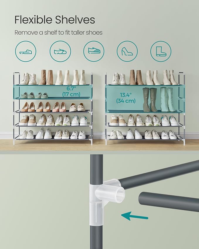 SONGMICS 5-Tier Shoe Rack, Shoe Storage for Hallway Closet, Slim and Space-Saving, Metal Frame, Non-Woven Fabric Shelves, Gre