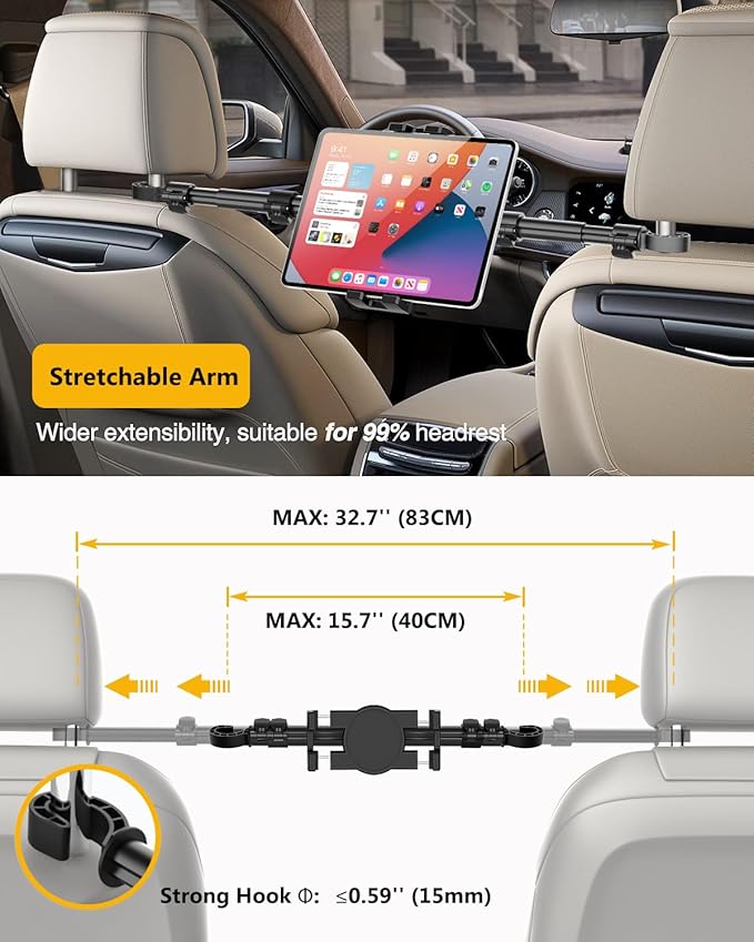 Car Headrest Tablet Holder, Car Back Seat iPad Mount Kids [Stretchable & Ultra-Stable] Between Seats Tablet Stand for Switch, iPad Pro Air Mini, Lenovo, iPhone, 4-13" Tablets & Phones